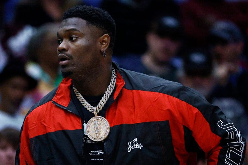 Zion Williamson #1 of the New Orleans Pelicans looks on from the bench during the game against the Washington Wizards at Smoothie King Center on January 28, 2023 in New Orleans, Louisiana. NOTE TO USER: User expressly acknowledges and agrees that, by downloading and or using this photograph, User is consenting to the terms and conditions of the Getty Images License Agreement. (Photo by Chris Graythen/Getty Images)