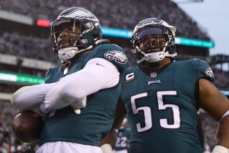 Haason Reddick of the Philadelphia Eagles celebrates with his teammates after recovering a fumble by Josh Johnson of the San Francisco 49ers in the NFC Championship Game at Lincoln Financial Field on January 29, 2023 in Philadelphia, Pennsylvania.
