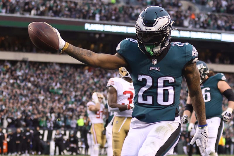 Miles Sanders #26 of the Philadelphia Eagles scores a 13-yard touchdown against the San Francisco 49ers during the second quarter in the NFC Championship Game at Lincoln Financial Field on January 29, 2023 in Philadelphia, Pennsylvania.