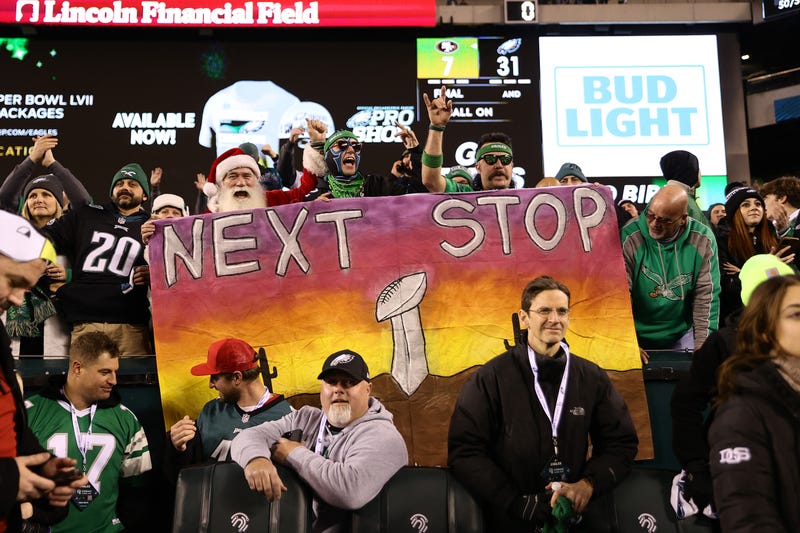 Philadelphia Eagles fans hold signs celebrating the Eagles' win over the San Francisco 49ers in the NFC Championship Game at Lincoln Financial Field on Jan. 29, 2023, in Philadelphia, Pennsylvania. Philadelphia defeated San Francisco 31-7.
