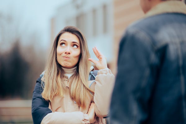 Bored annoyed girlfriend feeling distrustful and patronizing