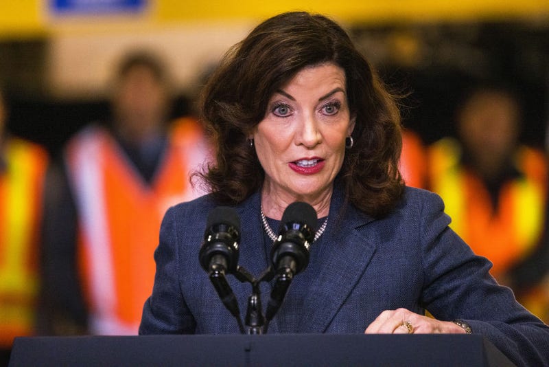  New York Gov. Kathy Hochul gives a speech on the Hudson River tunnel project at the West Side Yard on January 31, 2023 in New York City. 
