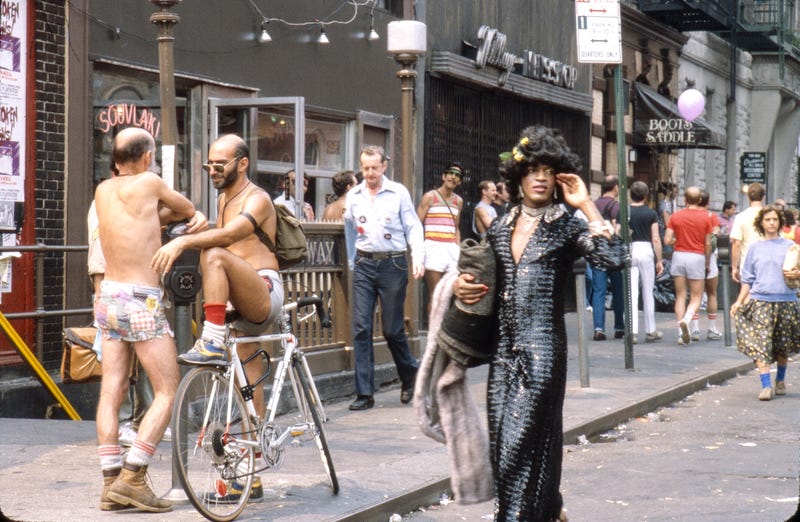 Gay liberation activist Marsha P. Johnson is seen on the corner of Christopher Street and Seventh Avenue during the Pride March in June 1982