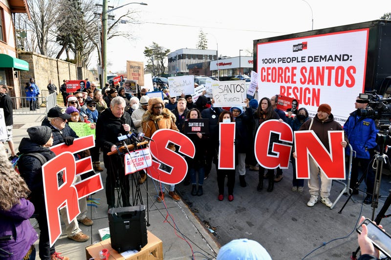 Charlie Robbins addresses the media as MoveOn along with other progressive groups deliver 100,000 petition signatures calling on George Santos to resign on February 01, 2023 in New York City.