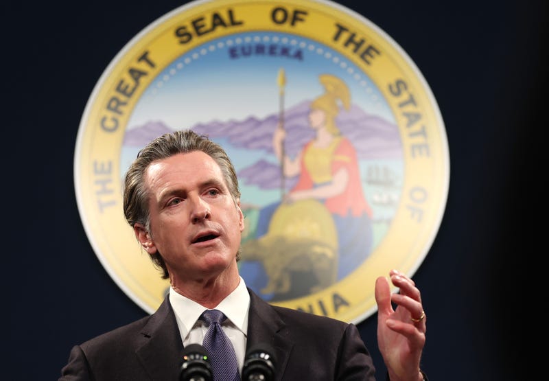 gavin newsom speaks at podium with state seal in the background