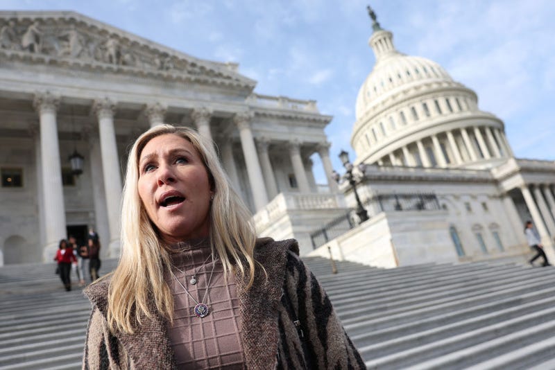 U.S. Rep. Marjorie Taylor Greene (R-GA) talks to reporters as she leaves the U.S. Capitol after the final series of votes for the week on February 02, 2023 in Washington, DC. 
