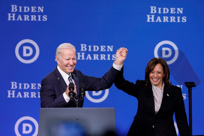 President Joe Biden and Vice President Kamala Harris hold hands onstage after speaking at the Democratic National Committee winter meeting on February 3, 2023 in Philadelphia, Pennsylvania. Earlier in the day President Biden and Vice President Harris visited a water treatment plant in the city where they announced $160 million to upgrade Philadelphia water facilities and replace 20 miles of lead service lines.