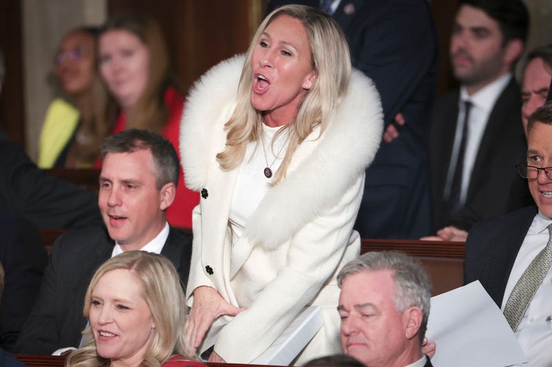 U.S. Rep. Marjorie Taylor Greene (R-GA) yells "Liar" during President Joe Biden's State of the Union address during a joint meeting of Congress in the House Chamber of the U.S. Capitol on February 07, 2023 in Washington, DC. 