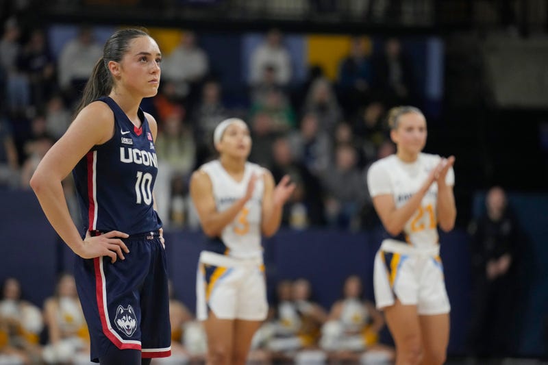 Nika Muhl of the UConn Huskies reacts in the second half against the Marquette Golden Eagles at Al McGuire Center on February 08, 2023 in Milwaukee, Wisconsin.