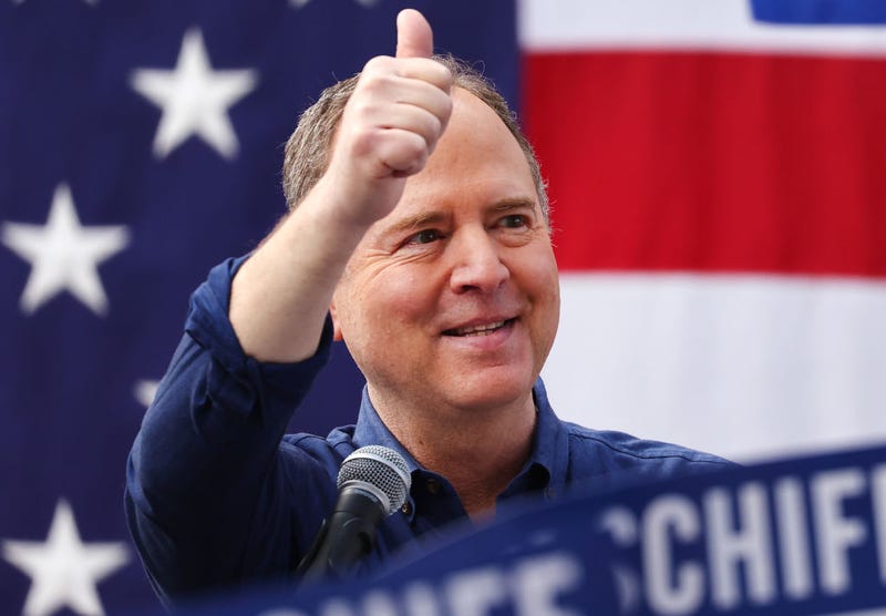  U.S. Rep. Adam Schiff (D-CA) gestures to supporters outside the International Alliance of Theatrical Stage Employees (IATSE) Union Hall, at the kickoff rally for his two-week ‘California for All Tour’, on February 11, 2023 in Burbank, California.
