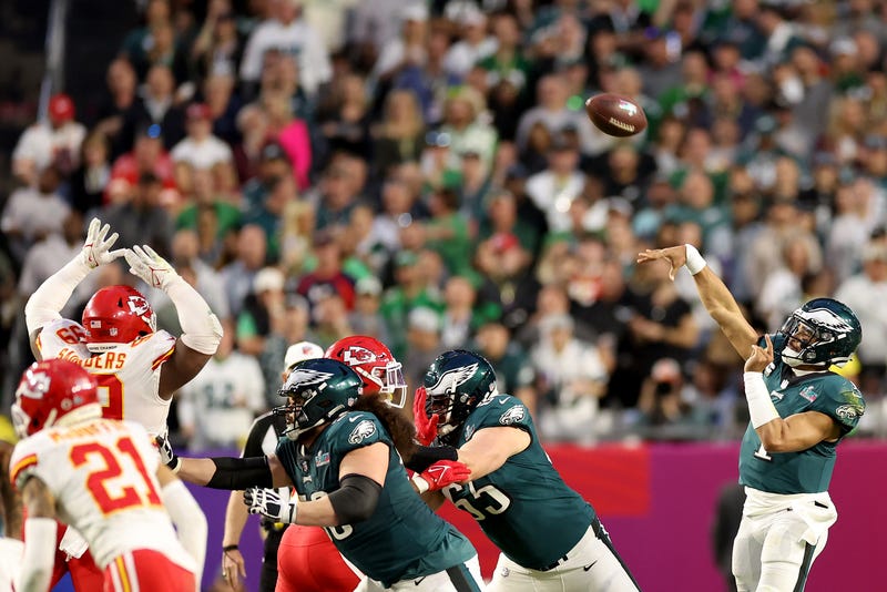 Jalen Hurts, #1 of the Philadelphia Eagles, throws a pass against the Kansas City Chiefs during the second quarter in Super Bowl LVII at State Farm Stadium on Feb. 12, 2023, in Glendale, Arizona.