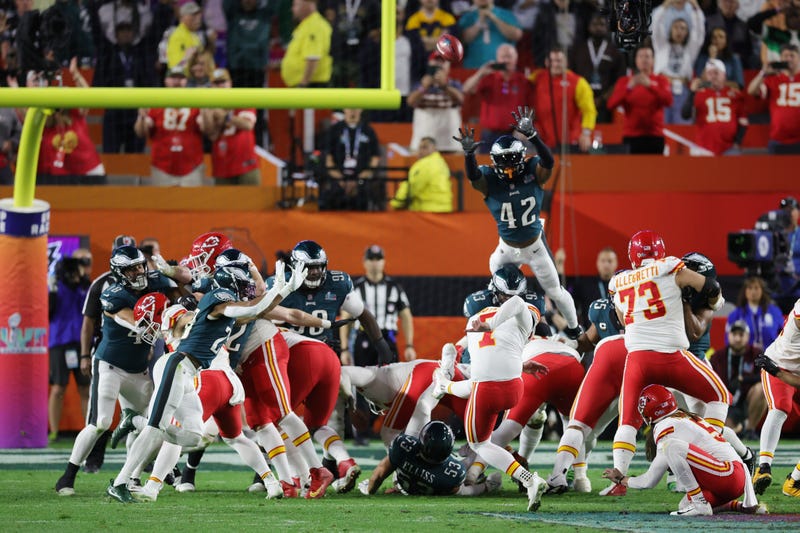 Harrison Butker of the Kansas City Chiefs kicks the go ahead field goal during the fourth quarter against the Philadelphia Eagles in Super Bowl LVII at State Farm Stadium on February 12, 2023 in Glendale, Arizona. 