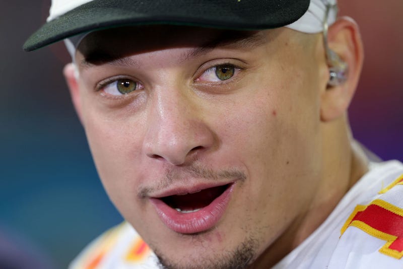 Patrick Mahomes #15 of the Kansas City Chiefs looks on while being interviewed after defeating the Philadelphia Eagles in Super Bowl LVII at State Farm Stadium on February 12, 2023 in Glendale, Arizona