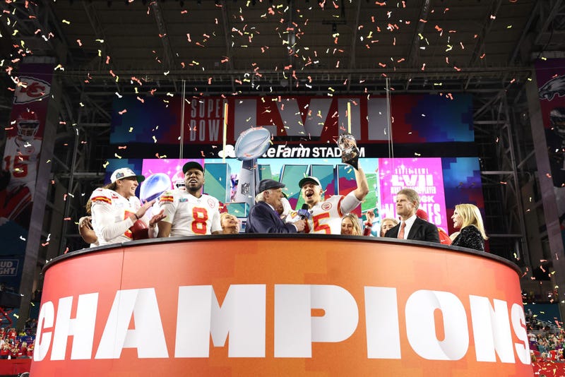 Patrick Mahomes #15 of the Kansas City Chiefs celebrates with the the Vince Lombardi Trophy