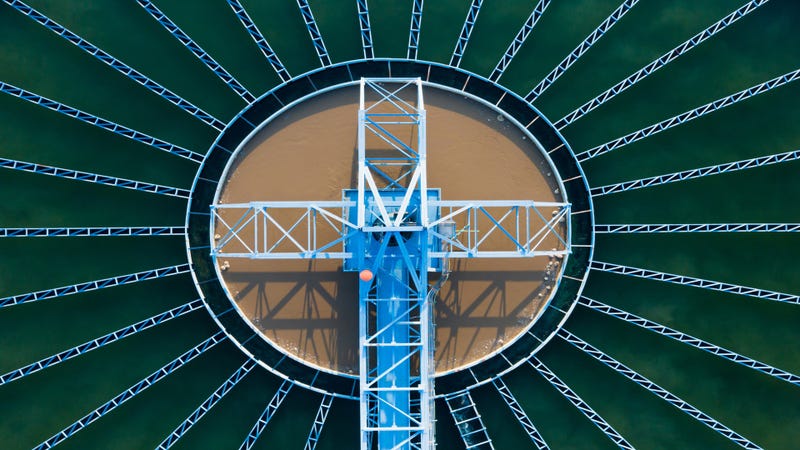 Aerial top view of drinking water treatment plant - stock photo