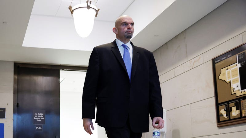 Sen. John Fetterman (D-PA) emerges from a closed-door, classified briefing for Senators at the U.S. Capitol on February 14, 2023 in Washington, D.C.