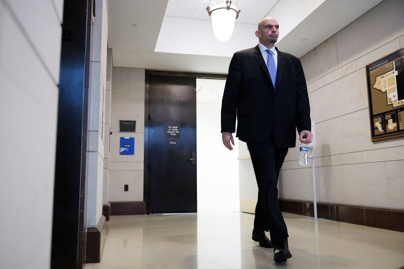 Sen. John Fetterman (D-PA) emerges from a closed-door, classified briefing for Senators at the U.S. Capitol on February 14, 2023 in Washington, DC.