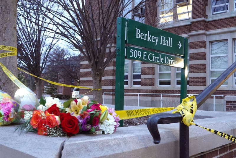 Memorial at Berkey Hall sign after mass shooting at Michigan State University