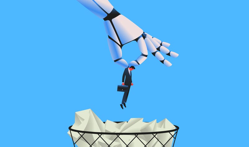 Giant robot throwing man in a trash can.
