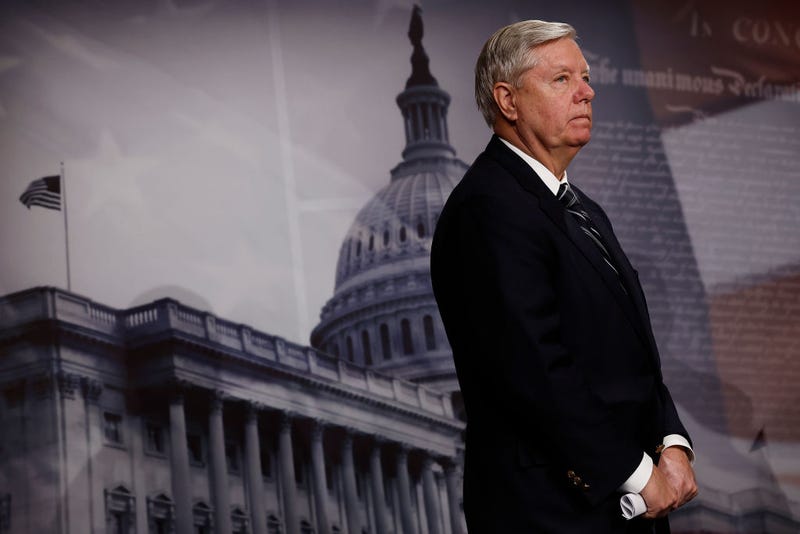 Sen. Lindsey Graham (R-SC) holds a news conference to introduce the bipartisan and bicameral Holding Accountable Russian Mercenaries (HARM) Act to designate The Wagner Group an international terrorist organization at the U.S. Capitol on February 16, 2023 in Washington, DC.