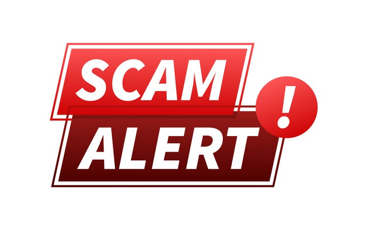 Banner with "scam alert" written in red. Attention sign