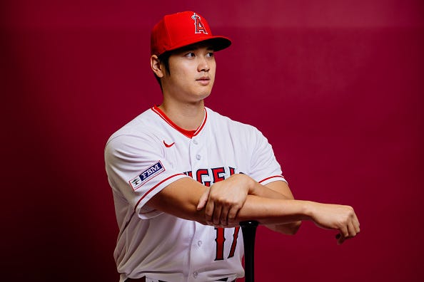 Shohei Ohtani models the Angels sponsorship patch. 