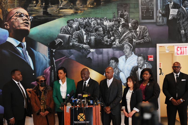 Civil rights attorney Ben Crump (C) speaks during a press conference at the Malcolm X & Dr. Betty Shabazz Memorial and Educational Center on February 21, 2023 in New York City. On the 58th anniversary of civil rights leader Malcolm X's death, Crump along with the family of the late civil rights leader announced their intent to sue the NYPD and several government agencies over their alleged 'concealment of evidence' in his murder. The lawsuit alleges that the agencies had access to factual and exculpatory evidence that was kept from Malcolm X's family and the individuals wrongly convicted of crimes connected to his assassination. In 2021, Muhammad Aziz and Khalil Islam were exonerated after a nearly two-year investigation by their lawyers and the Manhattan DA and awarded a total of $36 million.