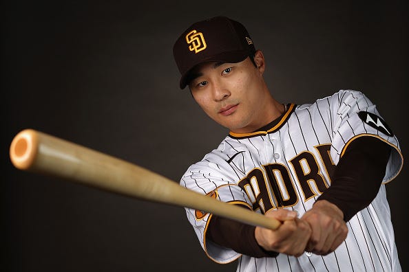 Ha-Seong Kim models the new ad patch on the Padres uniforms. 