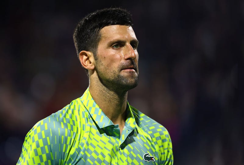 Novak Djokovic of Serbia in reacts against Hubert Hurkacz of Poland during their Men's Quarter Final match on day day twelve of the Dubai Duty Free Tennis at Dubai Duty Free Tennis Stadium on March 02, 2023 in Dubai, United Arab Emirates.
