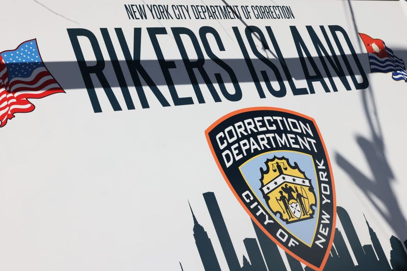 The Rikers Island jail sign is seen on March 7, 2023 in New York City.