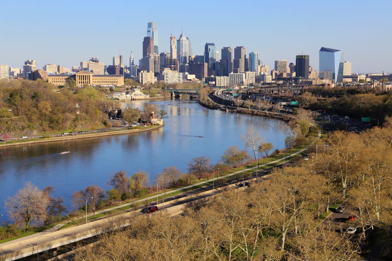 A birds eye view of Philadelphia from a hot air balloon above the Philadelphia Zoo.