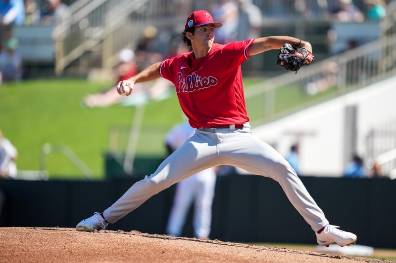 Andrew Painter, #76 of the Philadelphia Phillies, pitches during a spring training game against the Minnesota Twins on March 1, 2023, at the Hammond Stadium in Fort Myers, Florida.