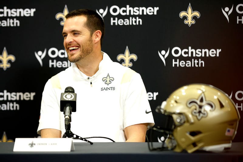 Quarterback Derek Carr of the New Orleans Saints speaks to members of the media after signing a four-year contract with the Saints at New Orleans Saints Indoor Practice Facility on March 11, 2023 in New Orleans, Louisiana.