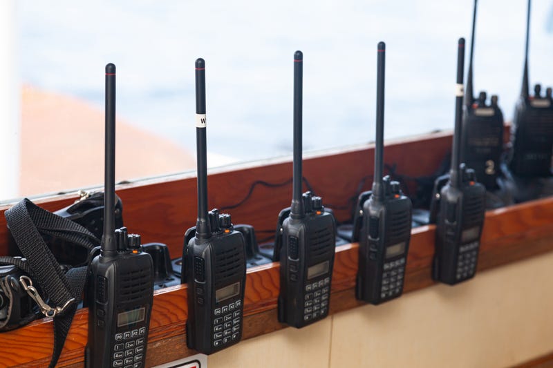 Walkie-talkie radios lined up
