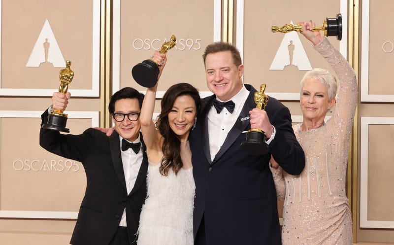 (L-R) Ke Huy Quan, winner of Best Actor in a Supporting Roll award for ‘Everything Everywhere All at Once', Michelle Yeoh, winner of the Best Actress in a Leading Role award for ‘Everything Everywhere All at Once', Brendan Fraser, winner of the Best Actor in a Leading Role award for ’The Whale', and Jamie Lee Curtis, winner of the Best Actress in a Supporting Role award for ‘Everything Everywhere All at Once’ pose in the press room during the 95th Annual Academy Awards at Ovation Hollywood on March 12, 2023 in Hollywood, California.