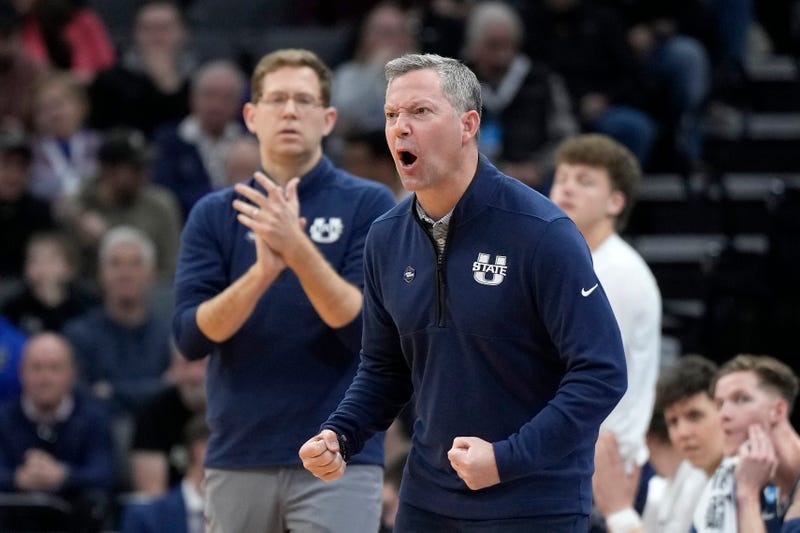 Utah State head coach Ryan Odom reacts during a game in the 2023 NCAA men's basketball tournament.