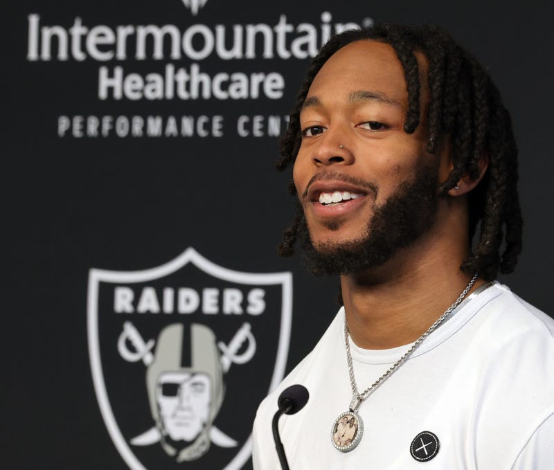 Wide receiver Jakobi Meyers is introduced at the Las Vegas Raiders Headquarters/Intermountain Healthcare Performance Center on March 16, 2023 in Henderson, Nevada. 