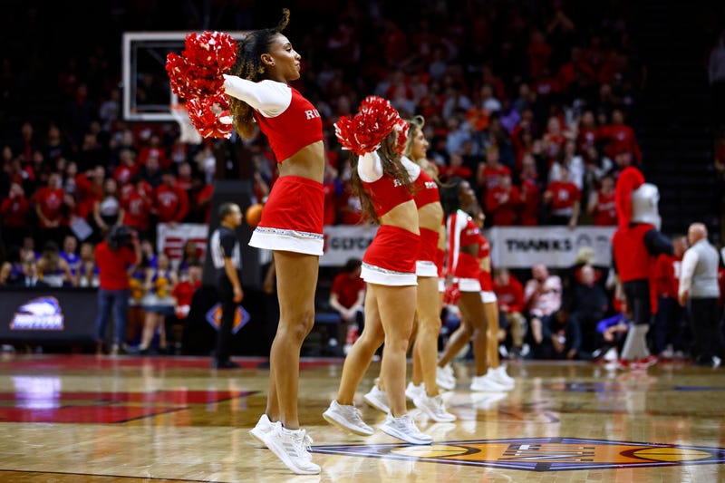 Rutgers Scarlet Knights cheerleaders perform during a first round NIT tournament game against the Hofstra Pride at Jersey Mike's Arena on March 14, 2023 in Piscataway, New Jersey. Hofstra defeated Rutgers 88-86.