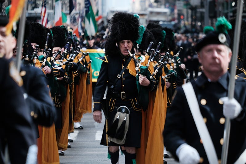 A police department Pipe and Drums band marches in the St. Patrick's Day Parade along Fifth Avenue on March 17, 2023