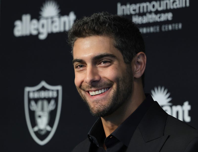 Quarterback Jimmy Garoppolo is introduced at the Las Vegas Raiders Headquarters/Intermountain Healthcare Performance Center on March 17, 2023 in Henderson, Nevada.
