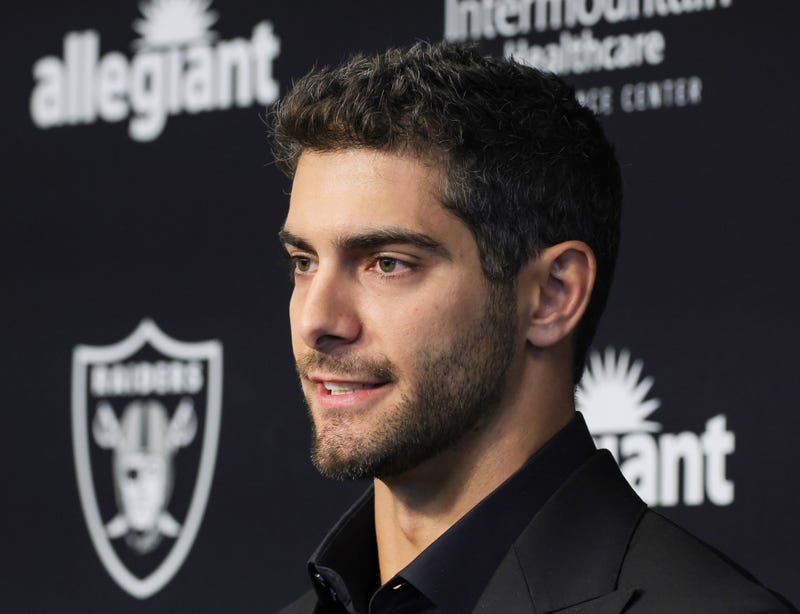 Quarterback Jimmy Garoppolo is introduced at the Las Vegas Raiders Headquarters/Intermountain Healthcare Performance Center on March 17, 2023 in Henderson, Nevada.