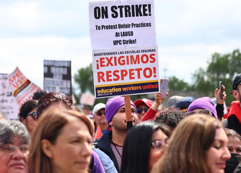  Los Angeles Unified School District (LAUSD) workers and supporters rally in Los Angeles State Historic Park on the last day of a strike over a new contract on March 23, 2023 in Los Angeles, California. 