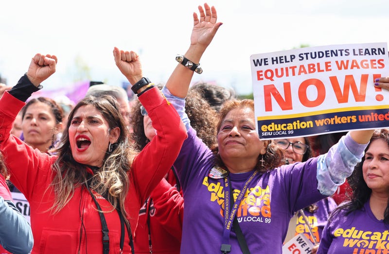 Los Angeles Unified School District (LAUSD) workers and supporters rally in Los Angeles State Historic Park on the last day of a strike over a new contract on March 23, 2023 in Los Angeles, California. 