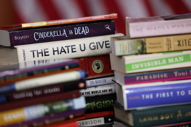 Copies of banned books from various states and school systems from around the county are seen during a press conference by U.S. House Democratic Leader Hakeem Jeffries (D-NY) at the U.S. Capitol on March 24, 2023 in Washington, DC. Jeffries spoke out against the recently passed Parents Bill of Rights Act and the banning and censorship of books in schools. (Photo by Kevin Dietsch/Getty Images)