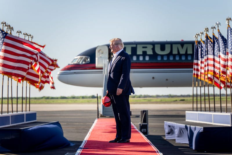 Former U.S. President Donald Trump arrives during a rally at the Waco Regional Airport on March 25, 2023 in Waco, Texas.