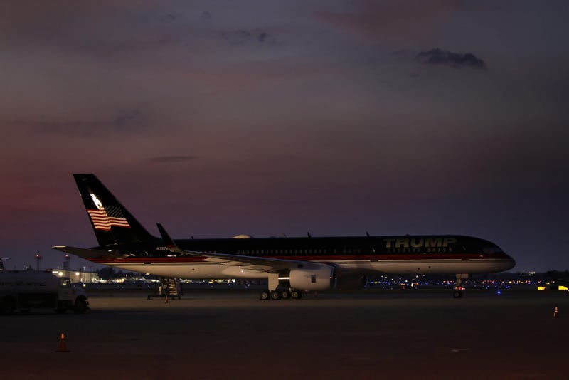 The private airplane of former President Donald Trump, also known as Trump Force One, is seen at the Palm Beach International Airport on April 2, 2023 in West Palm Beach, Florida