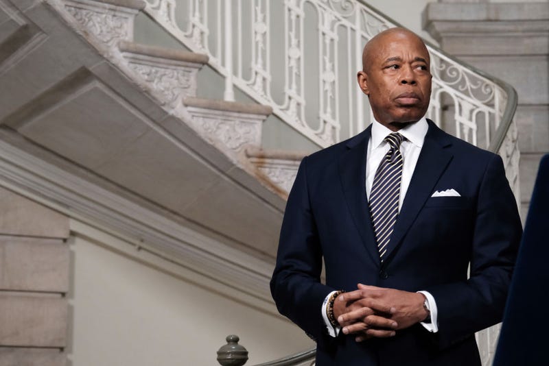 : Mayor Eric Adams listens during a briefing on security preparations ahead of former President Donald Trump's arrival on April 03, 2023 in New York City.