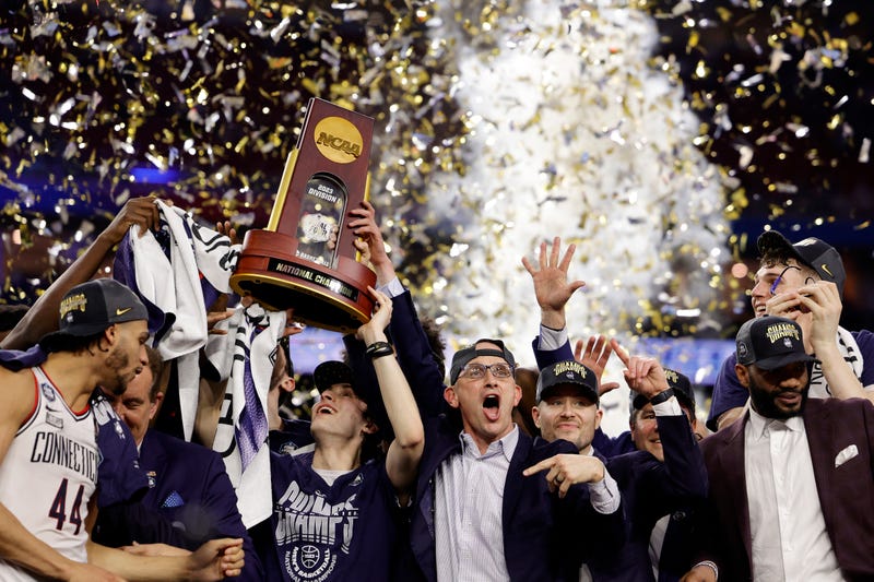 UConn head coach Dan Hurley celebrates after the Huskies defeated the San Diego State Aztecs 76-59 in the NCAA Men's Basketball Tournament National Championship game in Houston, 4/3/23