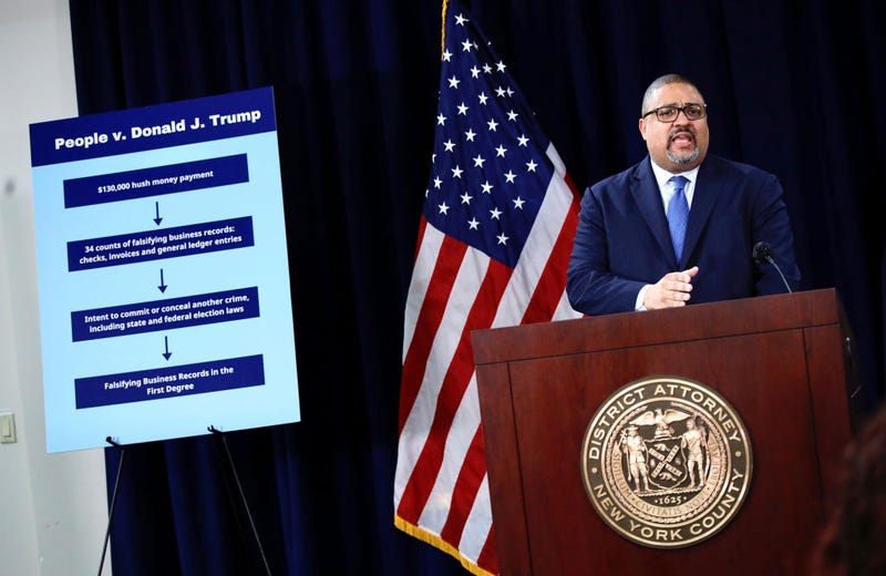 Manhattan District Attorney Alvin Bragg speaks during a press conference following the arraignment of former U.S. President Donald Trump April 4, 2023, in New York City.