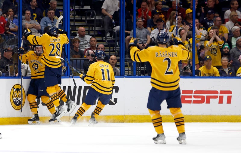Jacob Quillan #16 of the Quinnipiac Bobcats celebrates a goal in the first period during a semifinal of the 2023 Frozen Four against the Michigan Wolverines at Amalie Arena on April 06, 2023 in Tampa, Florida.